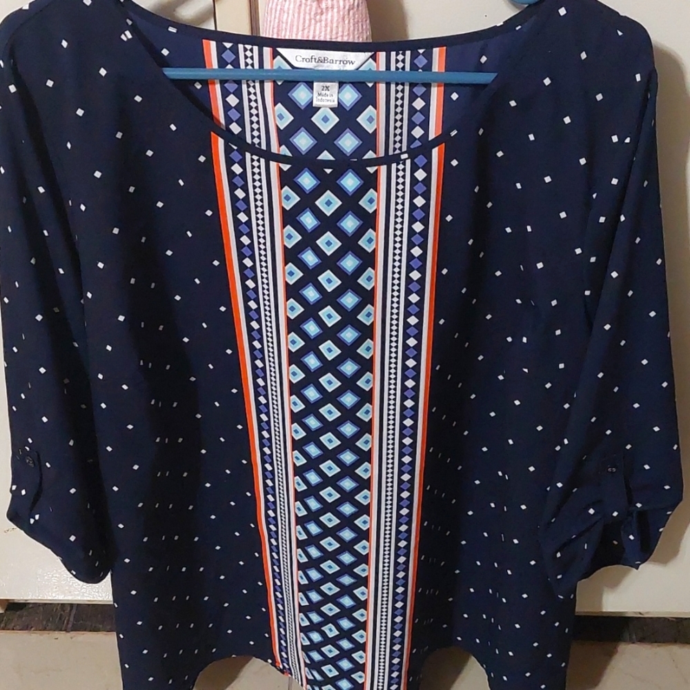 Woman's blouse. Excellent condition. Navy blue with white, coral and periwinkle.